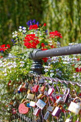 Poster - Brückengeländer mit Liebesschlössern und Blumen