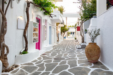 Wall Mural - Paros island, Greece. Whitewashed buildings, narrow cobblestone streets