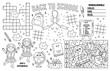 © Lexi Claus - Vector back to school placemat for kids. Fall printable activity mat with maze, tic tac toe charts, connect the dots, crossword. Black and white autumn play mat or coloring page with teacher
