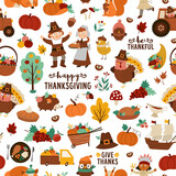 Fototapeta Dziecięca - Vector Thanksgiving seamless pattern. Autumn repeat background with funny pilgrims, native American, turkey, animals, harvest, cornucopia, pumpkins, trees. Fall holiday digital paper.