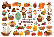Vector Thanksgiving Elements Set. Autumn Icons Collection With Funny Pilgrims, Native American, Turkey, Animals, Harvest, Cornucopia, Pumpkins, Trees. Fall Holiday Pack With Car, Tractor, Fruit