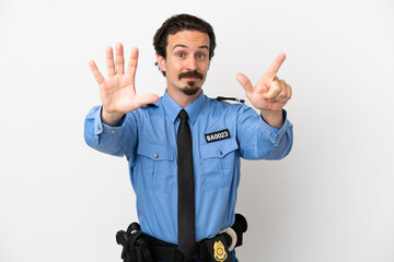 Young police man over isolated background white counting seven with fingers