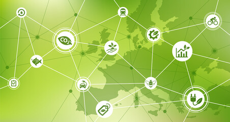 Sustainability / environmental protection / eco conservation vector illustration. Green concept on alternative energy, resource saving, European ecological strategy, sustainable agriculture or farming