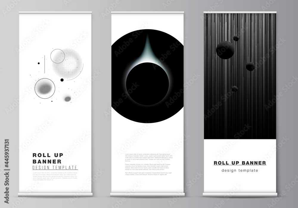 Vector layout of roll up mockup design templates for vertical flyers, flags design templates, banner stands, advertising design mockups. Tech science future background, space design astronomy concept. - obrazy, fototapety, plakaty 