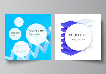 Poster - Vector layout of two square format covers templates for brochure, flyer, cover design, book design, brochure cover. 3d render vector composition with dynamic realistic geometric blue shapes in motion.