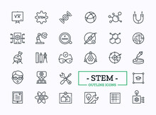 Vector Stem education thin line icons with symbols of Science, Technology, Engineering and Mathematics learning isolated on white