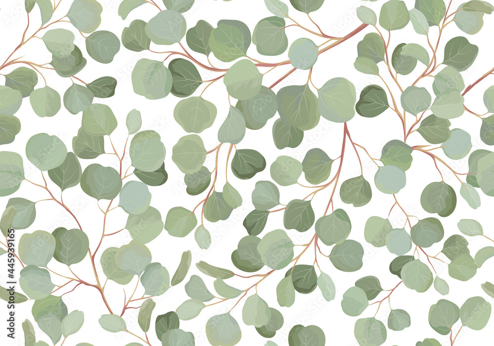 Eucalyptus floral watercolor seamless pattern. Vector illustration tropical greenery branches background - obrazy, fototapety, plakaty 