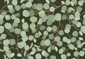 Eucalyptus floral watercolor seamless pattern. Vector illustration tropical greenery branches background