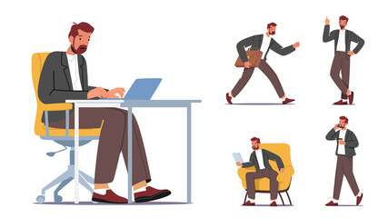 Poster - Set Businessman Work in Office Sitting at Desk with Laptop, Late, Having Creative Idea, Reading Report and Talk by Phone