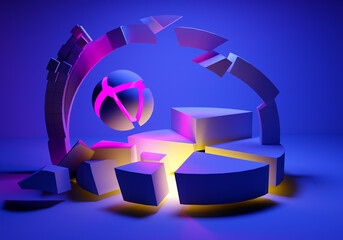Poster - Abstract geometry background. Background is blue debris of 3d elements. Texture with abstract debris. 3D image with flying colored objects. Pattern blue neon glow. Background three-dimensional.