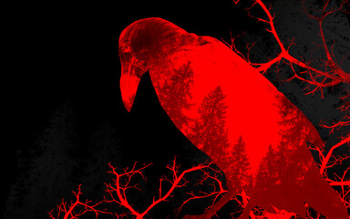 Collage grunge styled red toned crow photo with forest and branches effect.