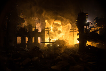 War Concept. Military silhouettes fighting scene on war fog sky background, World War Soldiers Silhouette Below Cloudy Skyline At night. Battle in ruined city.