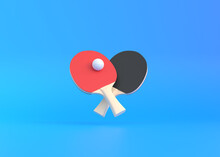 Red And Black Rackets For Table Tennis With White Ball On Blue Background. Ping Pong Sports Equipment. Minimal Creative Concept. 3d Rendering Illustration
