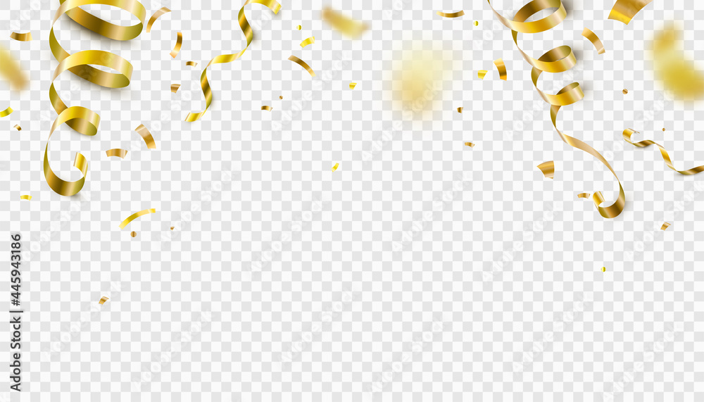Falling gold confetti, serpentine ribbons isolated on transparent vector background. Glitter tinsel, shiny golden streamer frame, border in 3d realistic style for birthday, party, carnival design - obrazy, fototapety, plakaty 