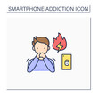 Smartphone addiction color icon. Anxiety feeling. Stress due to excessive phone use. Overwhelmed concept. Isolated vector illustration