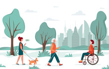 Outdoor Activity. People Walking In The City Park. Girl With A Dog, Elderly Woman With Nordic Walking Sticks, Woman In Wheelchair. Urban Recreation Concept, Diversity Concept