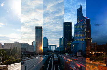 Picture montage of La Defense business district in Paris France