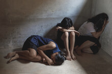 Womens Of Victim In The Room, Prostitution Or Human Trafficking Concept