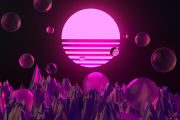 Poster - Sci-fi synthwave style 3D illustration with neon sun above the mountain landscape.
