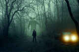 A horror concept. Of a man next to a car looking at a monster with glowing eyes. In a spooky, winter forest at night With a grunge, textured edit