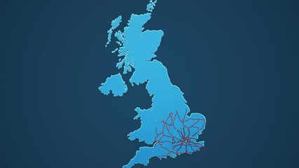 Light blue map of United Kingdom with cities, roads and railways on a dark blue background. 4K Animation with alpha channel