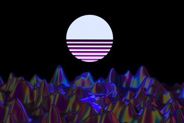 Poster - Sci-fi synthwave style 3D illustration with neon sun above the mountain landscape.