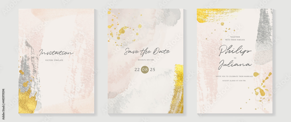 Abstract art background vector. Luxury invitation card background with golden line art and Watercolor brush texture. Vector invite design for wedding and vip cover template.
 - obrazy, fototapety, plakaty 