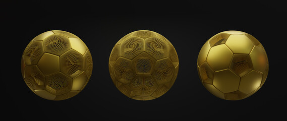 Wall Mural - 3D Rendering Golden Soccer Ball Wire frame Isolated on Black Background