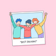 best friends forever group people hugging together and pose take portrait inside instant photo paper for happy youth friendship day cartoon doodle style vector illustration