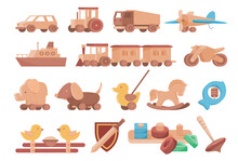 Collection Of Children S Wooden Toys Vector Flat. Set Of Vintage Kids Playthings Made From Wood