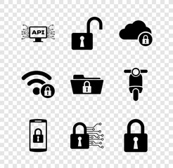 Poster - set computer api interface, open padlock, cloud computing, smartphone with, cyber security and lock 