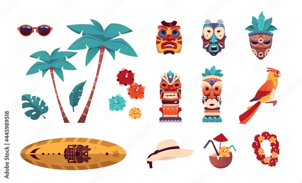 Hawaiian Tiki icons. Summer tropical art with palms and flowers. Surfboard, sunglasses or hat. Beach vacation collection. Tribal totem. Vector elements set of recreation on islands - obrazy, fototapety, plakaty 