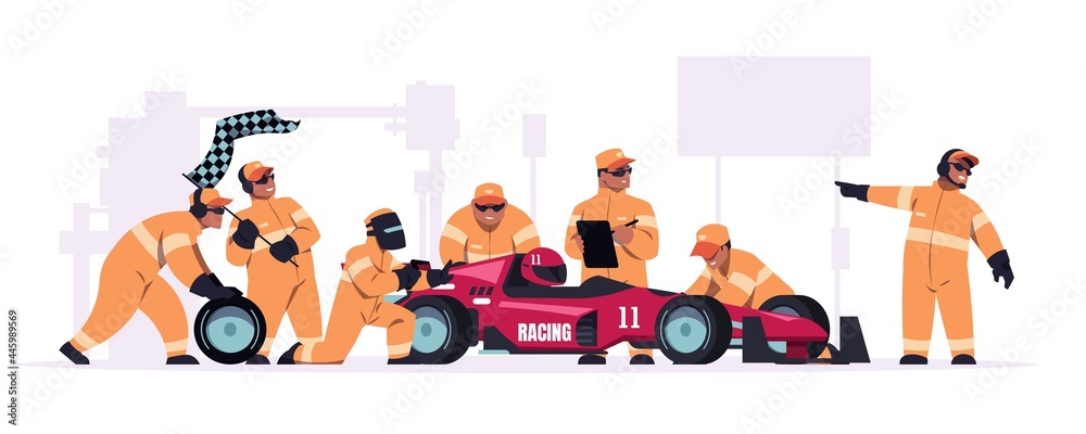 Racing crew. Cartoon pit stop team in uniform working on race car. Mechanic workers changing wheels of bolide. Maintenance technicians and engineers. Automobile repair. Vector illustration - obrazy, fototapety, plakaty 