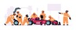 Racing crew. Cartoon pit stop team in uniform working on race car. Mechanic workers changing wheels of bolide. Maintenance technicians and engineers. Automobile repair. Vector illustration