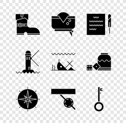 Canvas Print - Set Leather pirate boots, Pirate hat, Feather pen and scroll, Wind rose, eye patch, key, Lighthouse and Sunken ship icon. Vector