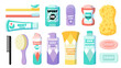 Hygiene set. Cartoon body and face skin care daily cosmetics. Shower clip art collection. Soap and shampoo. Isolated deodorant or hair comb. Toothpaste and toothbrush. Vector toiletries