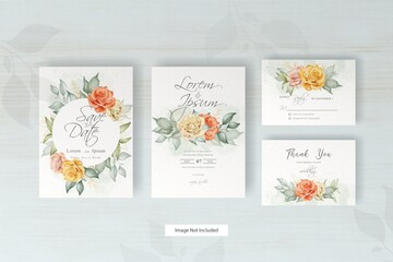 Wall Mural - watercolor wedding invitation template with arrangement flower and leaves