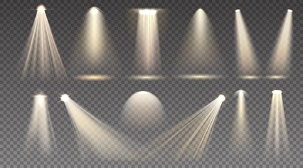 Wall Mural - light beam. realistic scene and stage spotlight. isolated golden projector ray. yellow transparent l