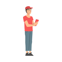 Sticker - Man Volunteer in Red Cap Hand Out Leaflet Engaged in Charity Activity Vector Illustration