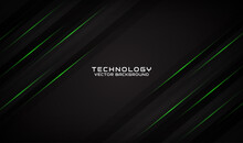 Abstract 3d Black Techno Background Overlap Layers On Dark Space With Geometry Green Lines Decoration. Modern Design Template Element Future Style For Flyer, Card, Cover, Brochure, Or Landing Page
