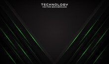 Abstract 3d Black Techno Background Overlap Layers On Dark Space With Geometry Green Lines Decoration. Modern Design Template Element Future Style For Flyer, Card, Cover, Brochure, Or Landing Page