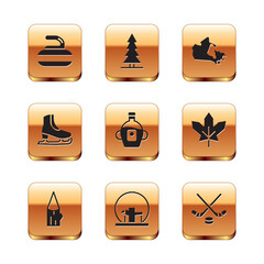 Sticker - Set Stone for curling, Wooden log, Montreal Biosphere, Maple syrup, Skates, Canada map, Ice hockey sticks and puck and Canadian spruce icon. Vector