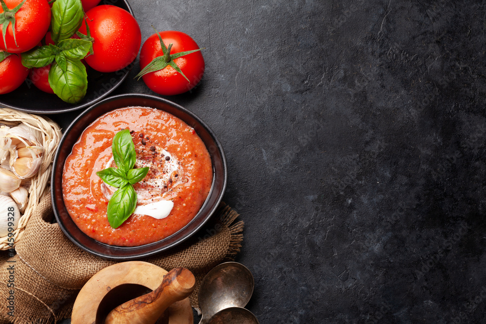 Homemade cooking cold gazpacho soup - obrazy, fototapety, plakaty 