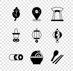 Wall Mural - Set Kimchi, Location South Korea, Korean gate, Sushi, Ramen, Food chopsticks, hat and lantern icon. Vector