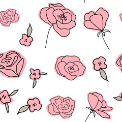 Poster - Floral vector seamless pattern with  flowers, leaves and twigs. Beautiful hand drawn bouquets in pastel colors in vintage style.