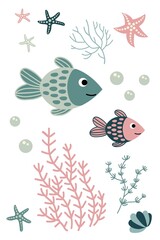 Wall Mural - Postcard with cute hand drawn fish. White background, isolate. Vector illustration.