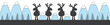 lustige Rentiere Gruppe Winter Banner Silhouette in schwarz und im Hintergrund schneebedeckte Berge und Wald Landschaft in hellblau, Cartoon Vektor Illustration