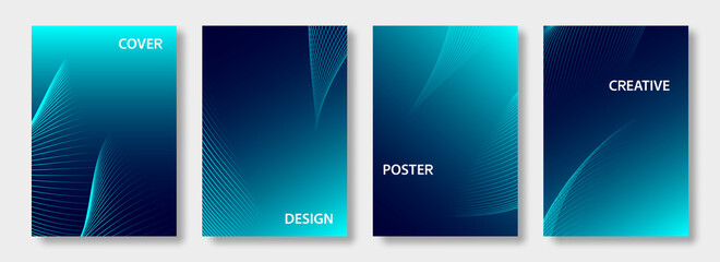 Poster - Set of blue and green cover design templates. Abstract futuristic geometric pattern with wavy lines for banner, posters, flyer, brochure and wallpaper. Vector