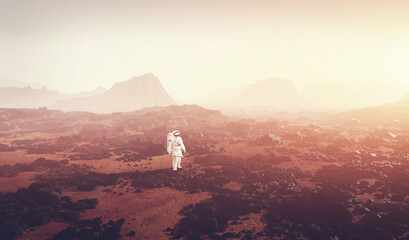 Wall Mural - astronaut doing space walk and explore planet such as mars.