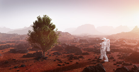 Wall Mural - astronaut doing space walk and explore planet such as mars.
